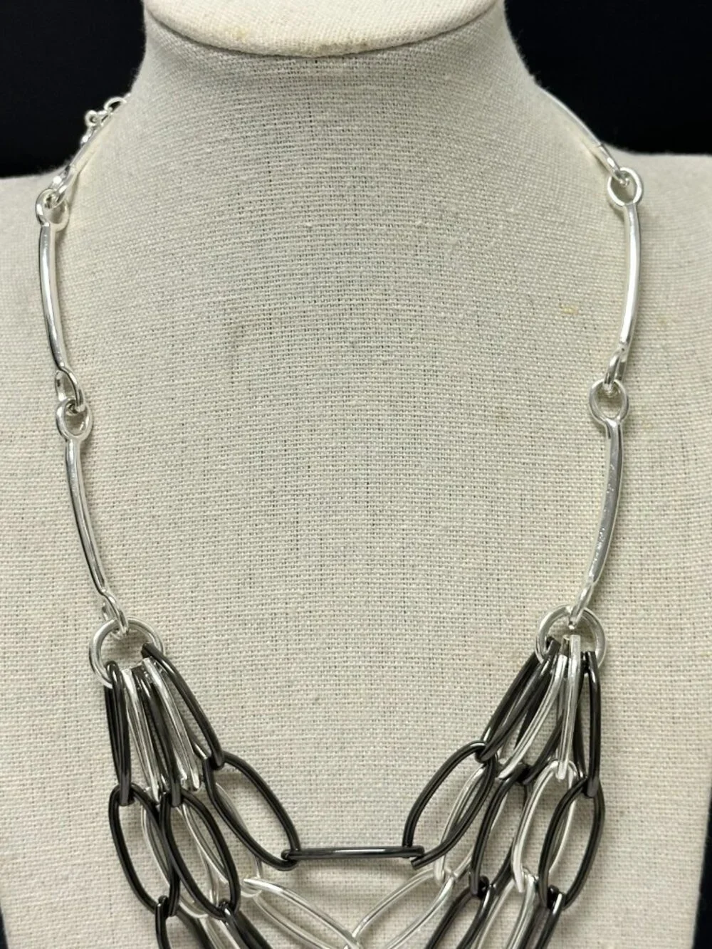 3/$30 Premier Designs Simplicity Necklace Silver Black Layered Paper Clip Links